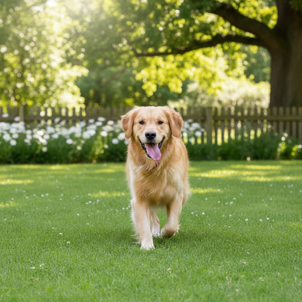 A golden retriever walks across a green lawn with its tongue hanging out in front of a wooden fence and trees.